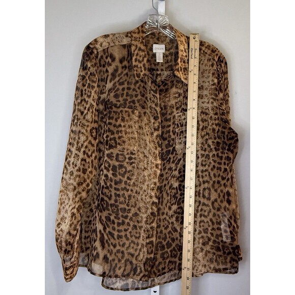 Chico’s 2 (M/L) Leopard Print Sheer Blouse Top Button Down Long Sleeve Pockets - Picture 5 of 10